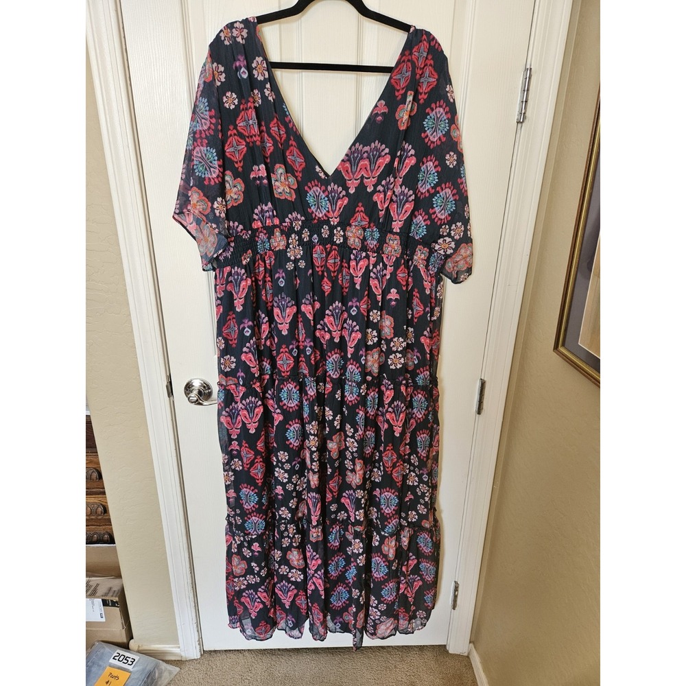 Venus Flutter Short Sleeves V-Neck Elastic Smocked Waist Maxi Dress, Plus 3X